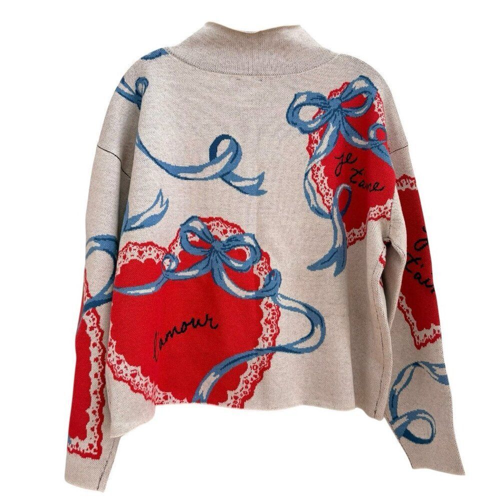 Anthropologie Maeve CARYS Mock Neck Sweater Womens Medium Cabbage White Hearts - Picture 4 of 8